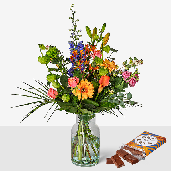 Vrolijk veldboeket & Delicata reep melkchocolade stroopwafel
