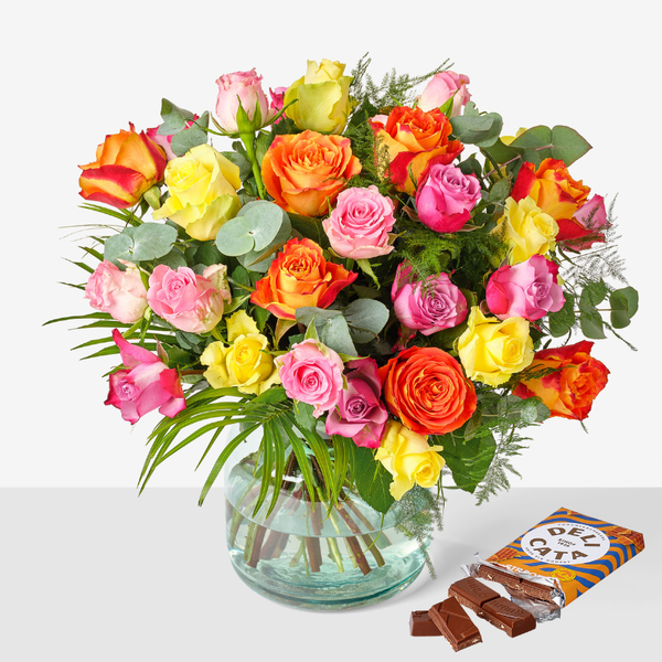 Gekleurd Rozenboeket & Delicata reep melkchocolade stroopwafel